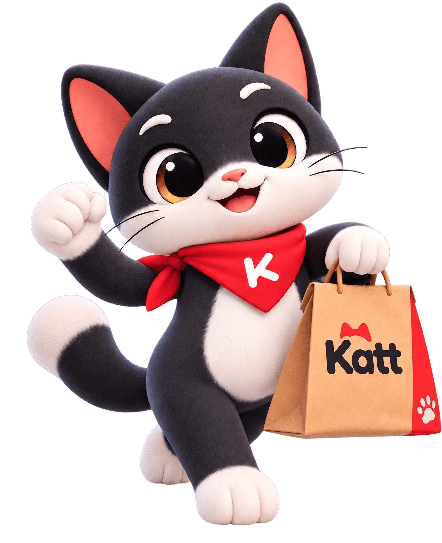 Katt, mascote da plataforma, com os dois braços visíveis e uma sacola de delivery